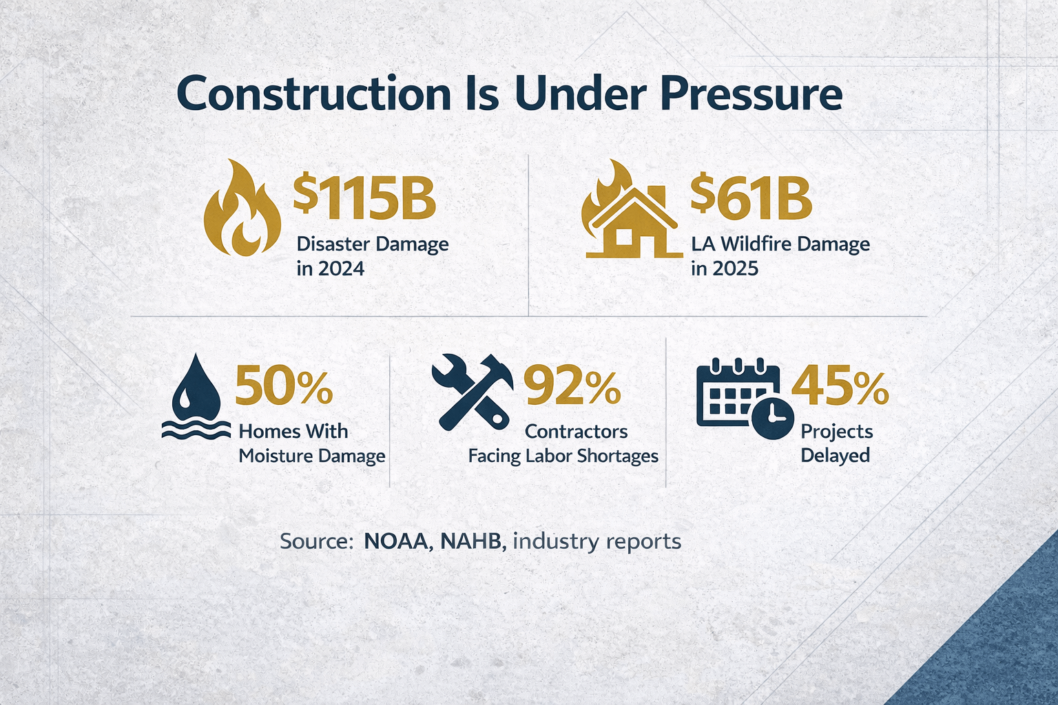 Construction industry statistics showing $115B in disaster costs, 92% labor shortage, and widespread moisture damage"